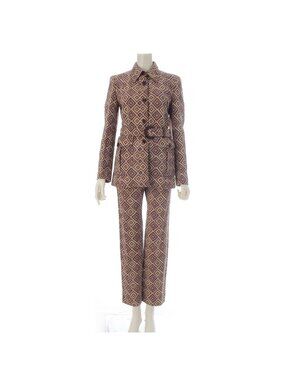 Prada Vintage Wool All Over Print Jacket Pants Set Brown Purple 38